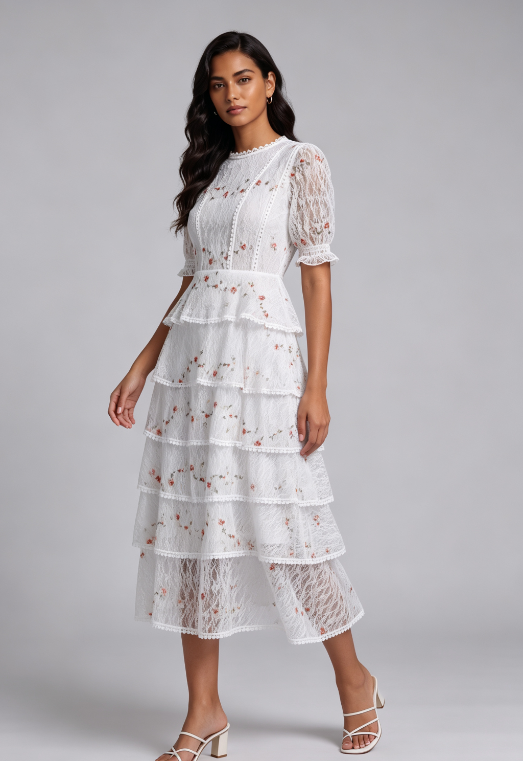 White Tiered Floral Midi Dress Premium Fabric - product view 5
