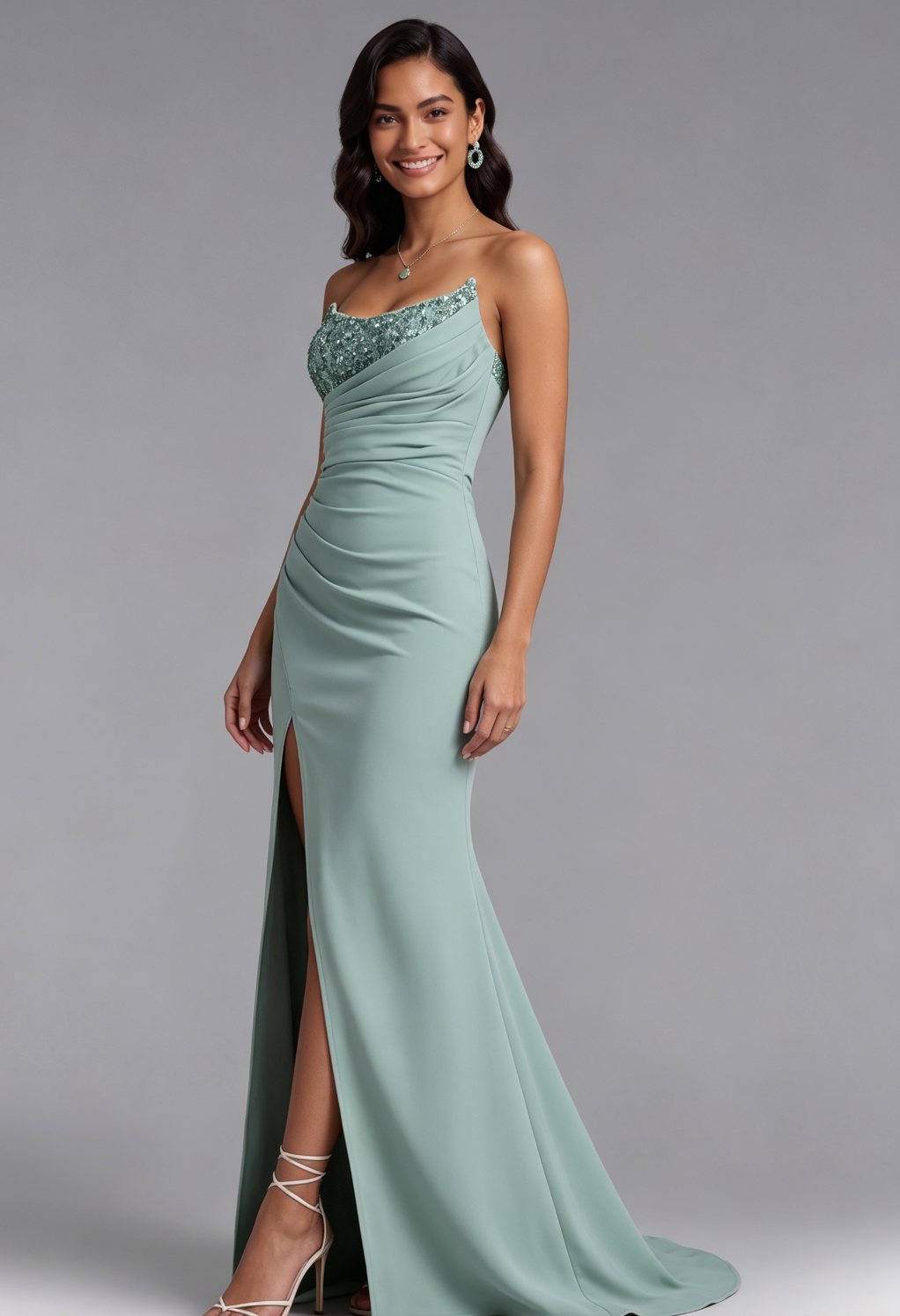 Mint Green One-Shoulder Sequin Evening Gown Premium Fabric - product view 5