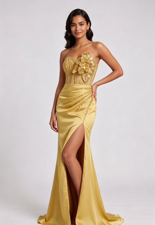 Gold Sequin Floral Strapless Mermaid Gown Premium Fabric - product view 5