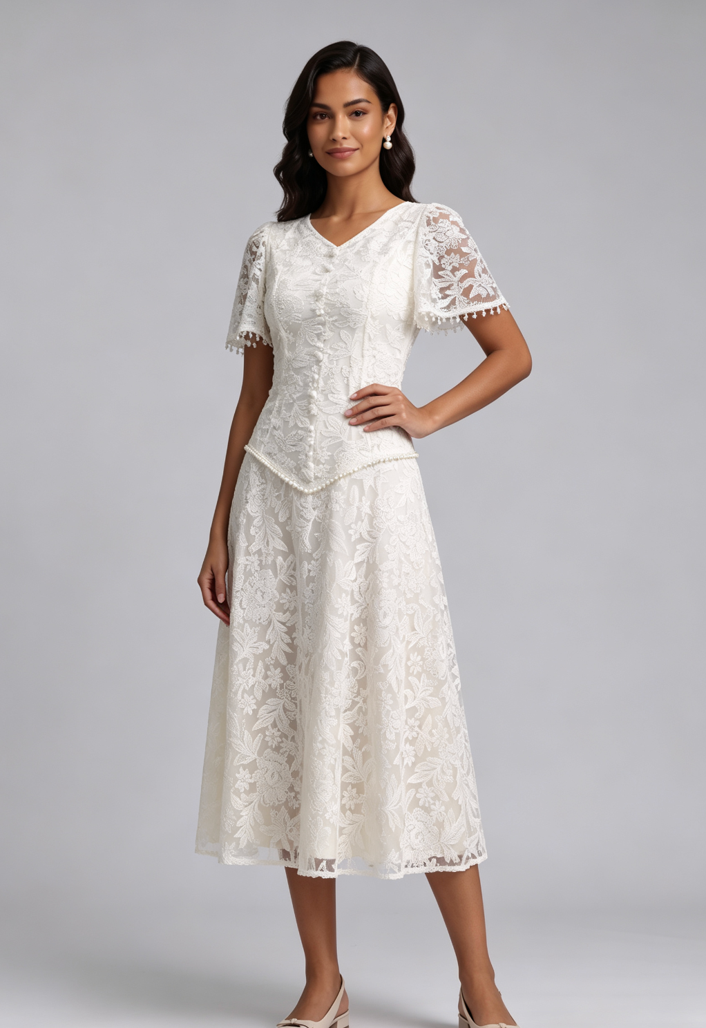 Ivory Floral Lace A-line Dress