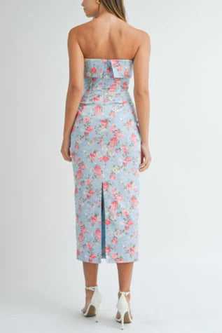 sherry strapless floral midi dress in blue