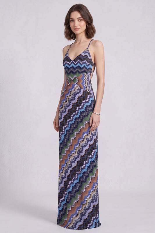 Blue Fine Knit Chevron Maxi Dress blue, purple, black, white fine knit maxi dress - product view 4
