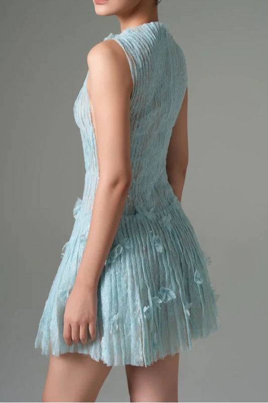 sleeveless lace fabric mini dress in aqua