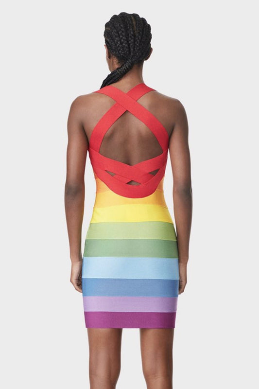 Rainbow sleeveless bandage mini dresses