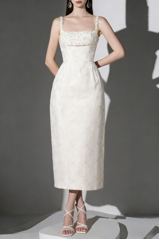 BEADED BROCADE PENCIL MIDI DRESS