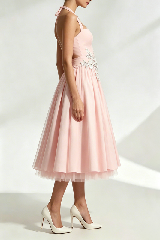 Lace Embroidery Cressida backless puffy Midi Dress - Blush