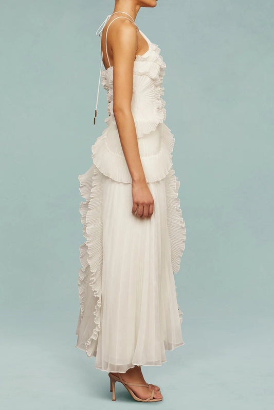 alva Sleeveless Folds Slit Maxi Dress in light white