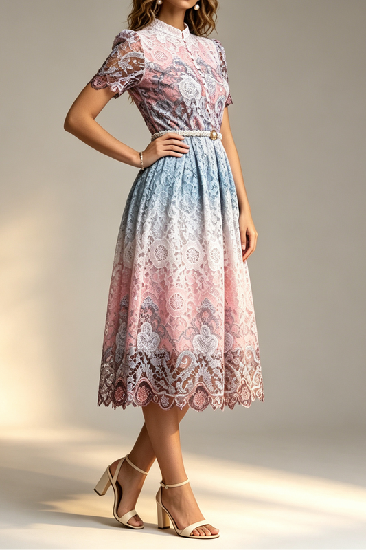 Ombre Gradient Floral Lace Stand Collar Short Puff Sleeve Pearl Button Rhinestone Belt A-Line Midi Dress