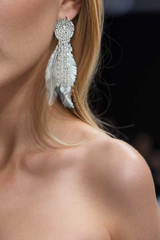 Lase White Fringe Feather Earrings