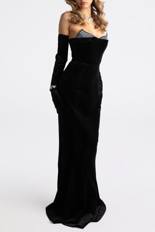 ellen high slit velvet strapless maxi dress in black