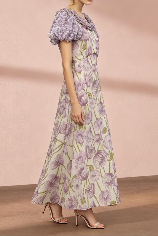 purple floral Puff sleeve midi dress