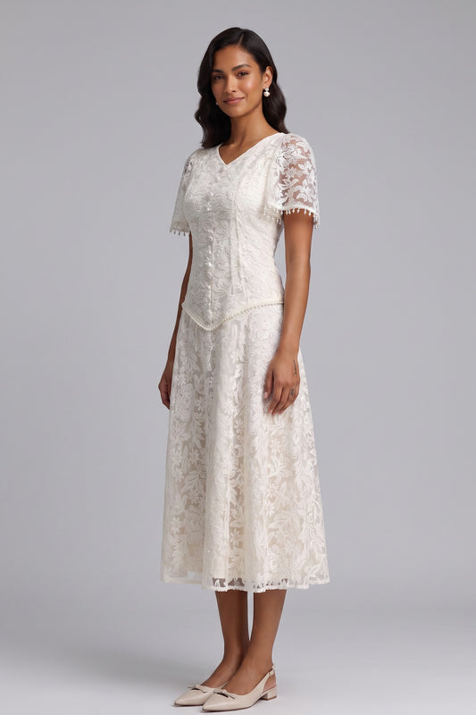 Ivory Floral Lace A-line Dress ivory floral lace dress - product view 1