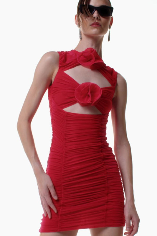 Cutout floral mini dresses in red