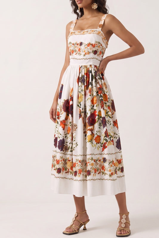 Wide Strap Floral Print Midi Dress