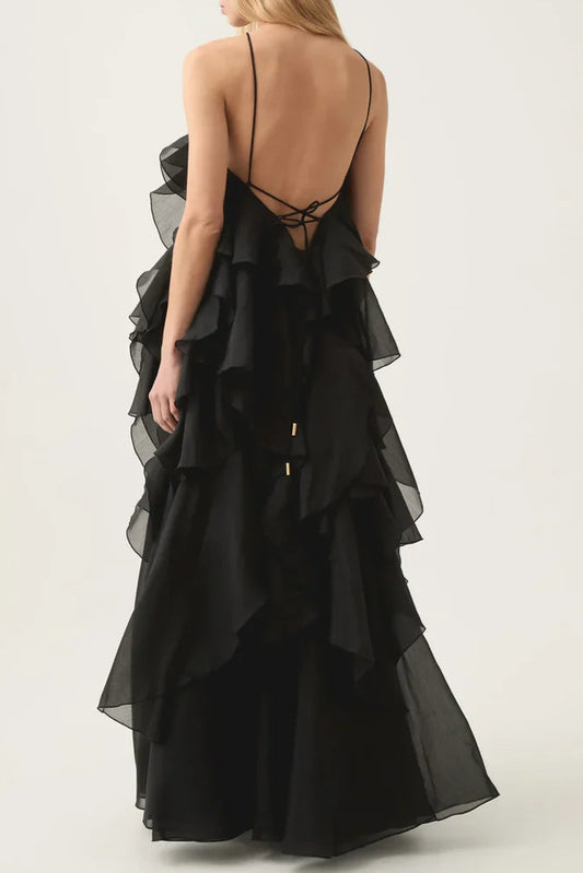 halterneck flounced maxi dress in black