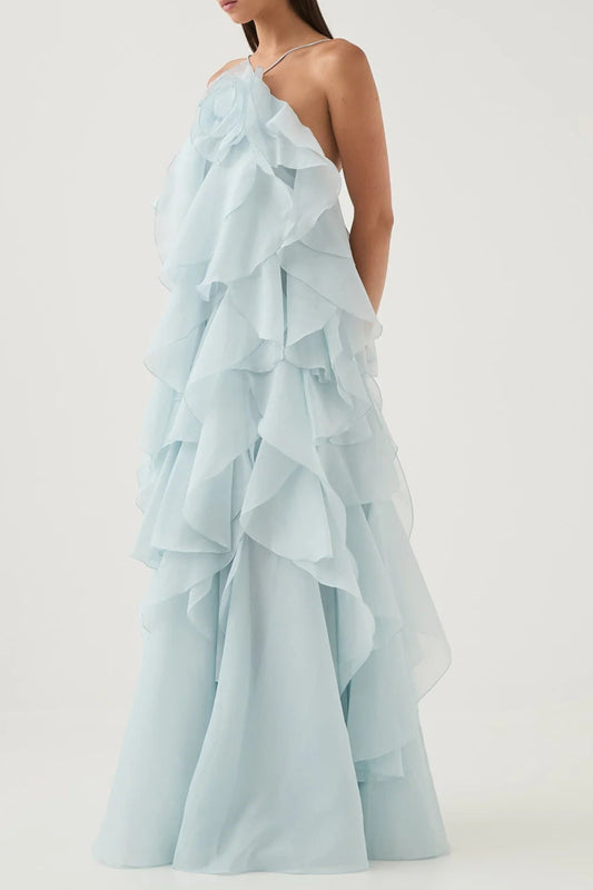 off-shoulder ruffle Layered Maxi Dress in blue