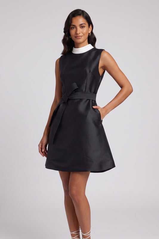 Black Structured Satin A-Line Mini Dress with Contrast Collar black structured satin or mikado silk dress - product view 1