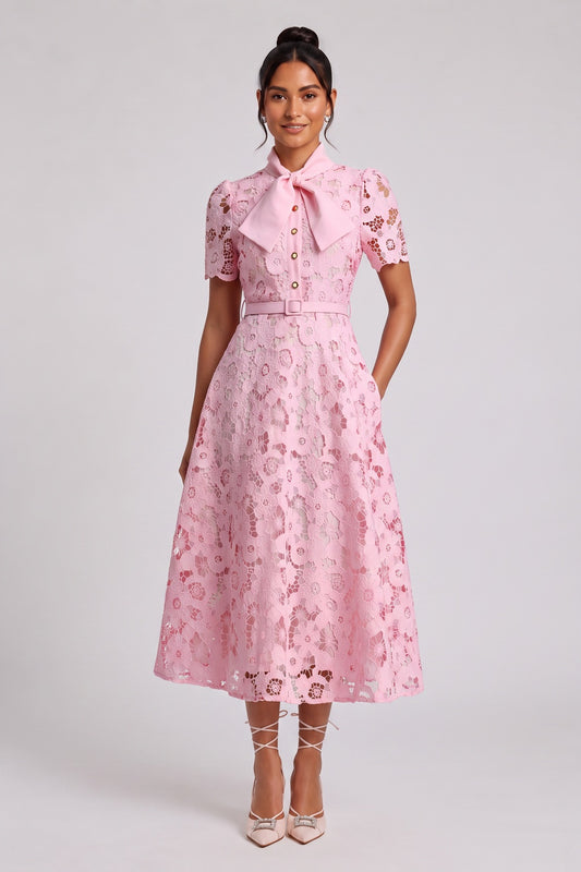 Light Pink Floral Lace A-Line Midi Dress light pink floral lace dress - product view 1