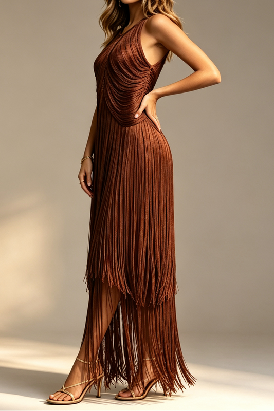 Chocolate Brown Halter Neck Draped Bodice Multi-Tier Long Fringe Bodycon Midi Party Dress