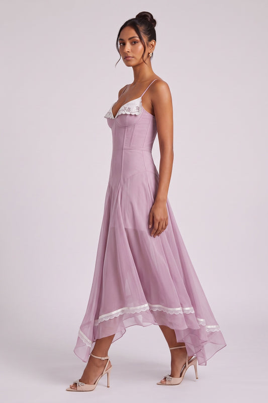 Dusty Lavender Sheer Chiffon Fit-and-Flare Midi Dress dusty lavender sheer chiffon dress - product view 4