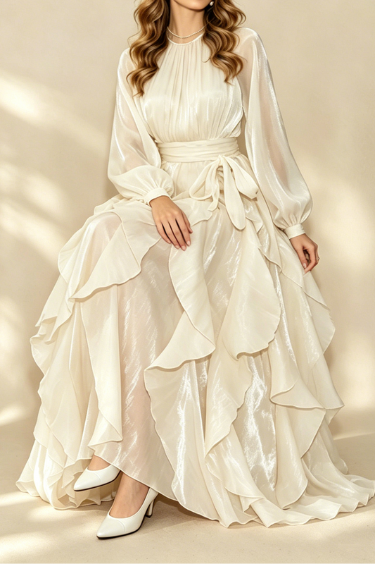 Champagne Shimmer Chiffon High Neck Tie Cuff Ruffled Maxi Gown