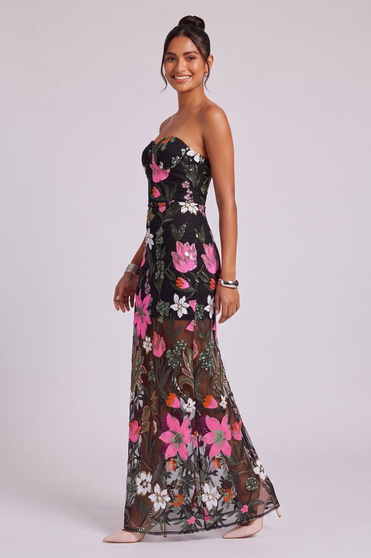 Black Floral Embroidered Mesh Column Dress black mesh dress - product view 3