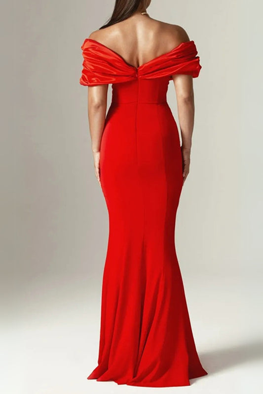 Sophia Off Shoulder Ruched Maxi Slit Dress in red