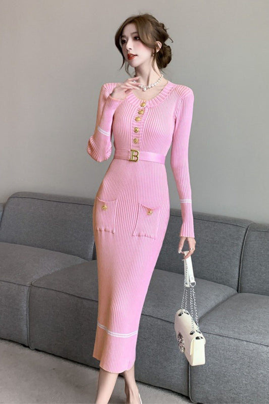 Metal Button Jersey Long Sleeve Midi Dress Pink