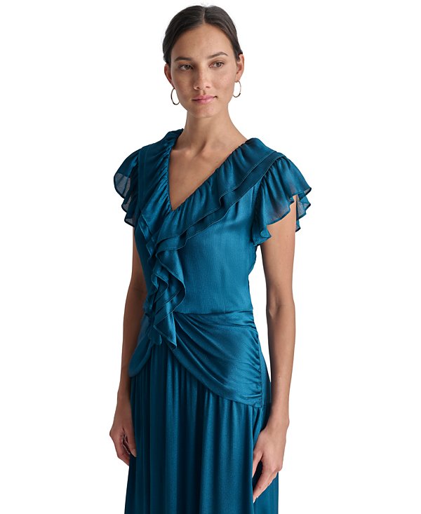 Ruffled Crinkle-Textured Maxi Dress in dark blue