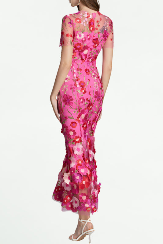 CAROL ROSE RED FLORAL EMBROIDERY MESH FISHTAIL MIDI DRESS