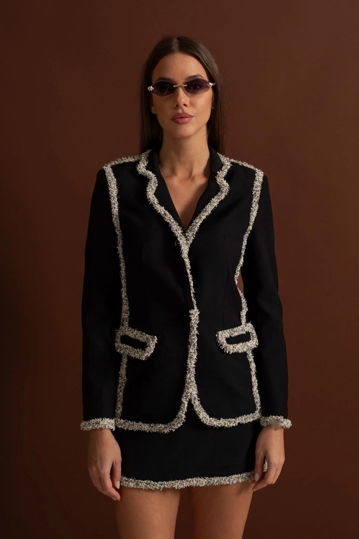 june Tweed Trim Blazer Matching Mini Skirt set - Black