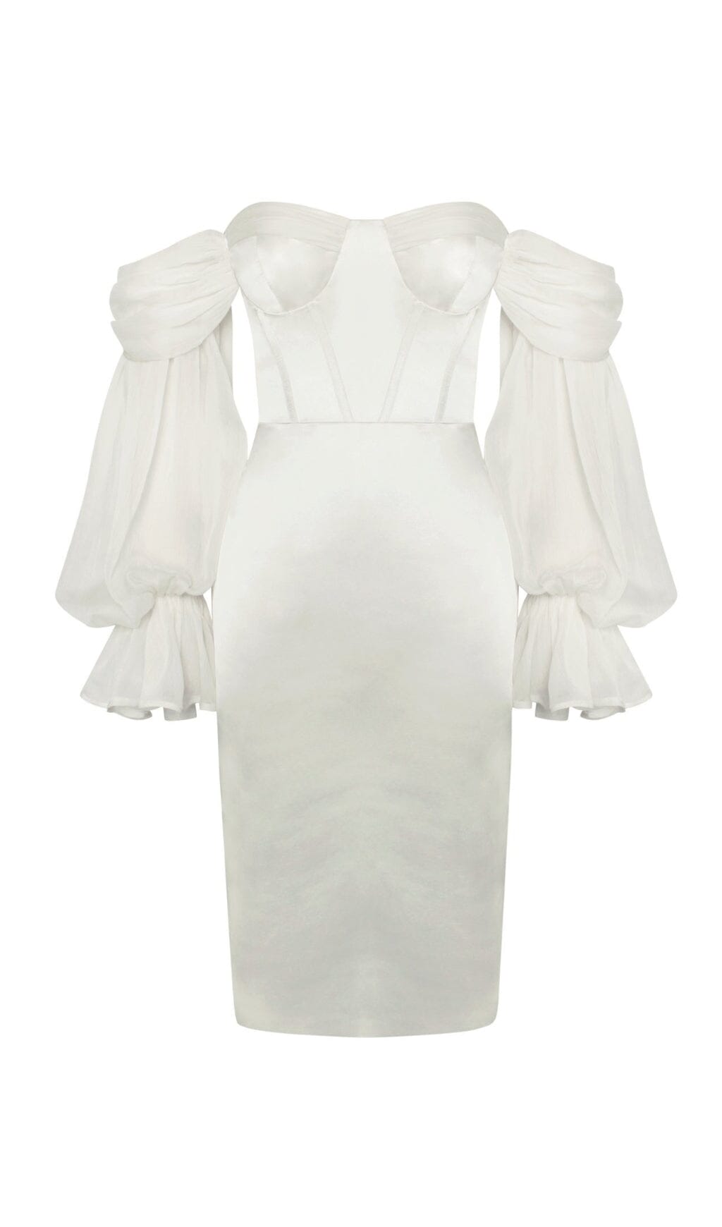LYDIA PEARL WHITE SATIN OFF SHOULDER PUFF SLEEVE DRESS Dresses styleofcb