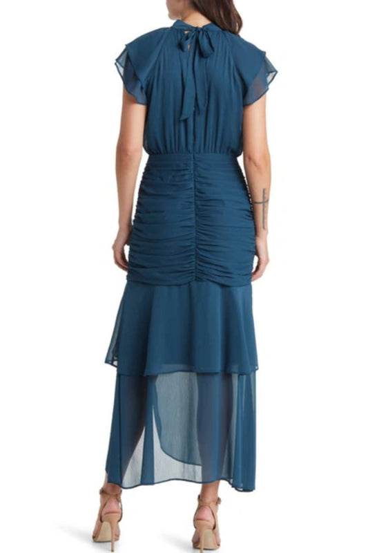 Ruched Ruffle Chiffon Maxi Dress In Teal