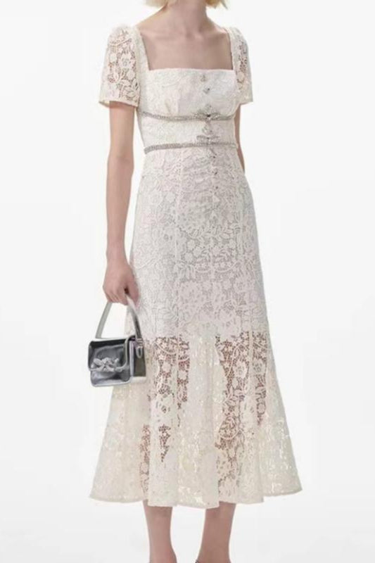 Diamond embellished lace mermaid midi dress