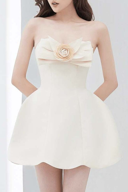 Cream Strapless Mini Dress with 3D Floral Bow & Scalloped Hem
