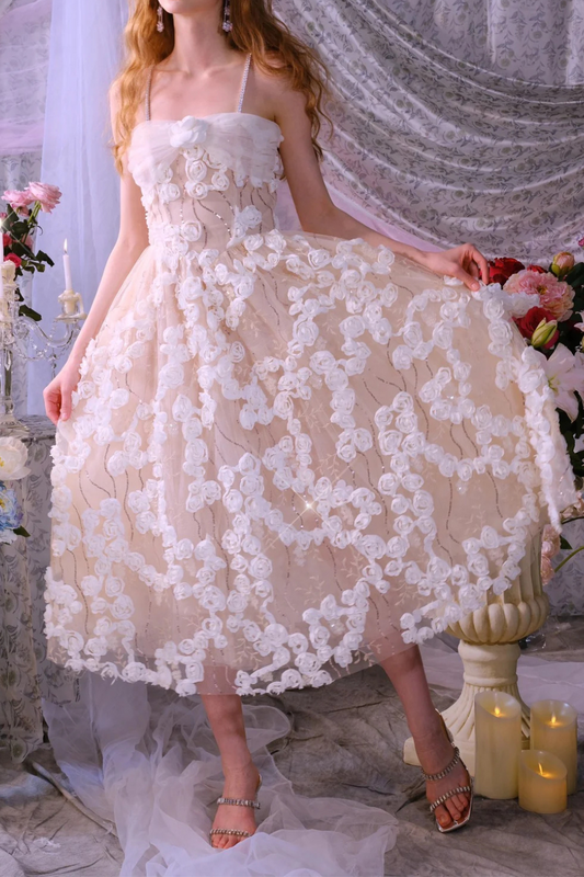 Stereoscopic Flower Rhinestone Chain maxi Dress in white
