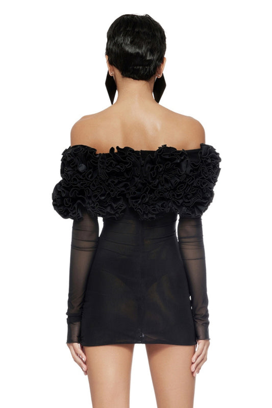 Floral off shoulder mini dresses in black