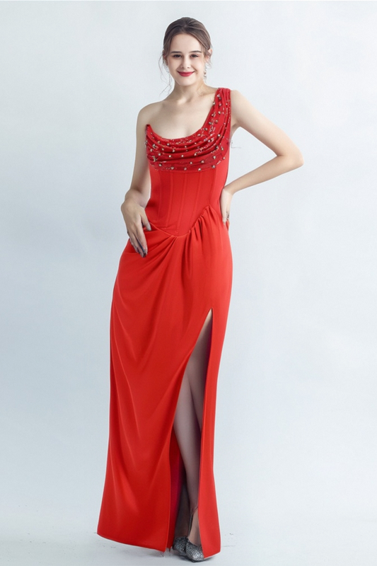 ELMA ONE-SHOULDER CRYSTAL DETAIL HIGH SLIT MAXI DRESS IN RED