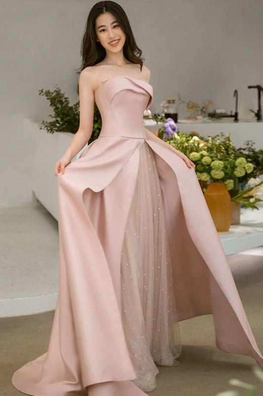 Blush Pink Strapless Satin Tulle Evening Gown