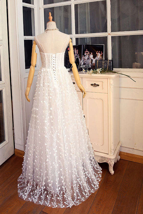 White v neck lace prom dress