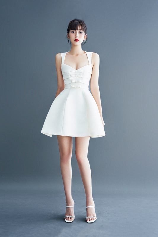 ALYSSA BOW SATIN MINI DRESS IN WHITE