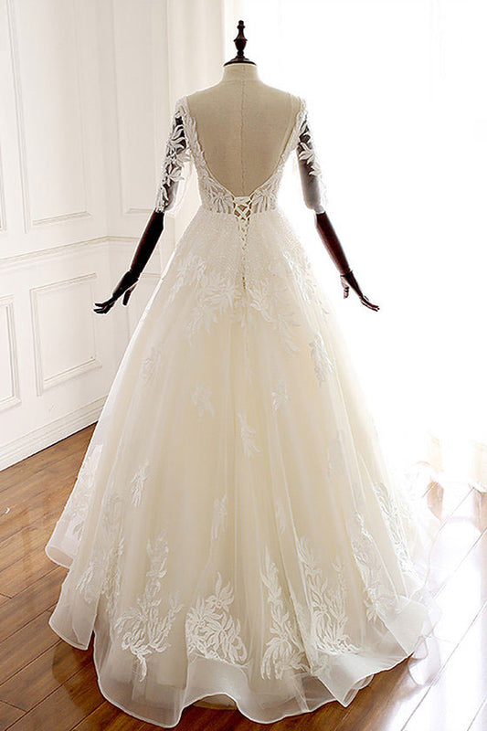 White v neck tulle lace prom dress