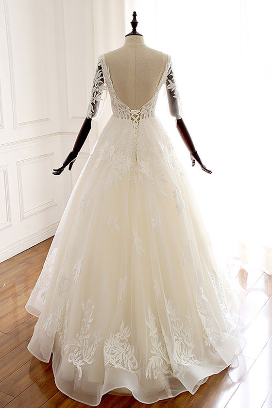 White v neck tulle lace prom dress