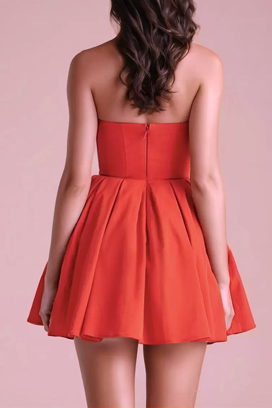 ITALIAN TOMATO STRAPLESS PLEATED MINI DRESS