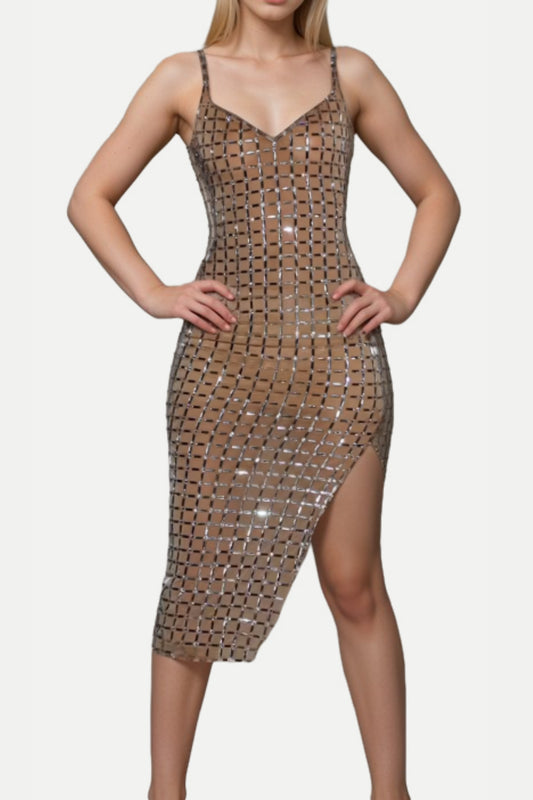 sequin-embellished slit midi dress in apricot