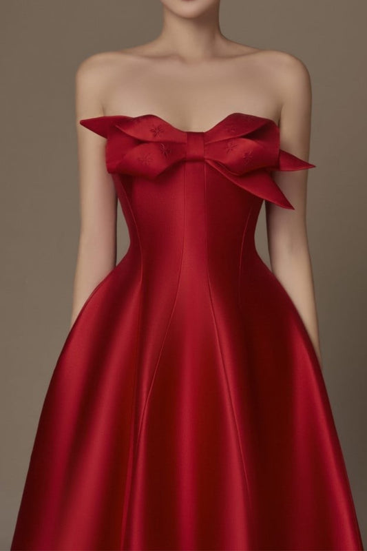 RED FLARED SEMI-HEART NECK TAFFETA MIDI DRESS