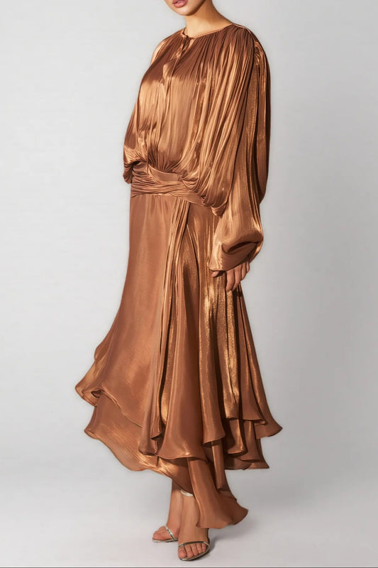 brown Pleated Bodice Draped puff sleeve Maxi Dress