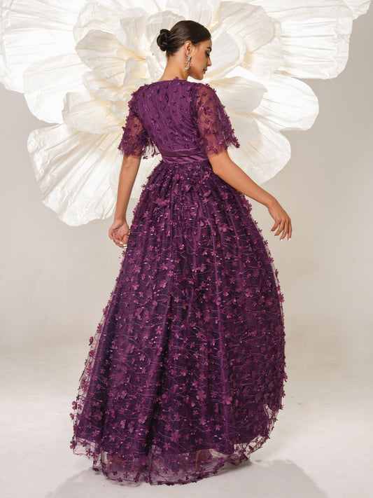 Appliqued Short Sleeve A-line Tulle Dress