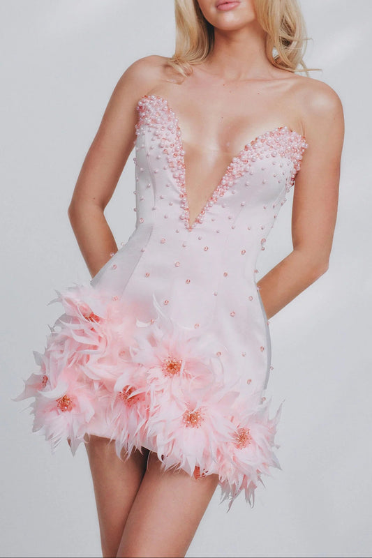 Tube Top deep V-neck pearl bodycon mini dress in pink