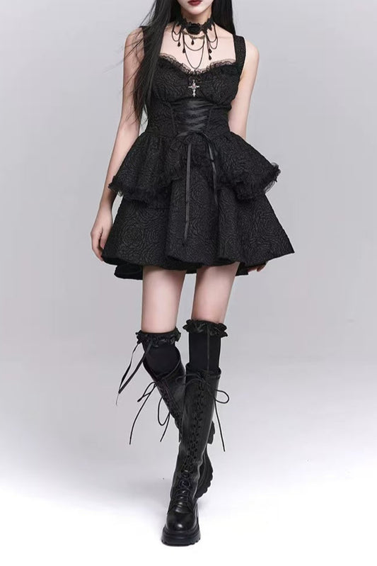BLACK TEXTURED SUSPENDER MINI DRESS